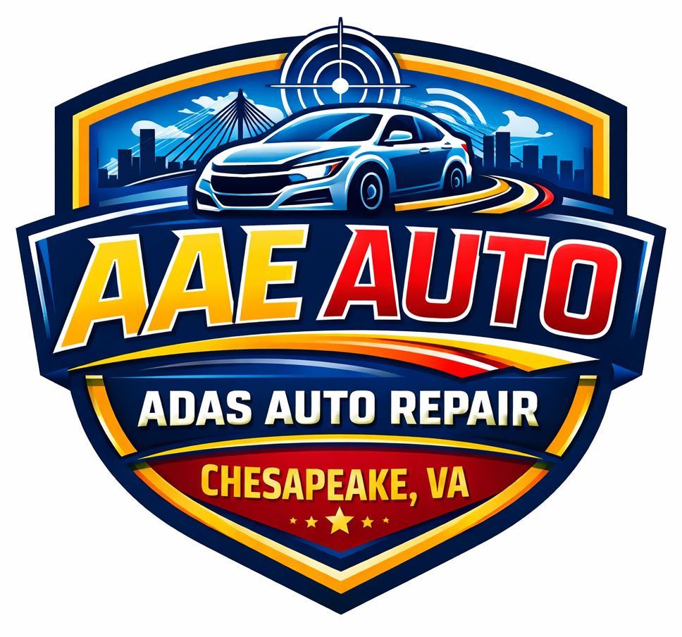 Logo for AAE Auto, ADAS auto repair in Chesapeake, VA, featuring a blue car and cityscape.