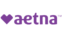 The aetna logo is purple with a heart in the middle.