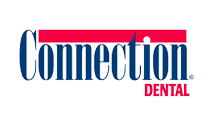 The logo for connection dental is blue and red.