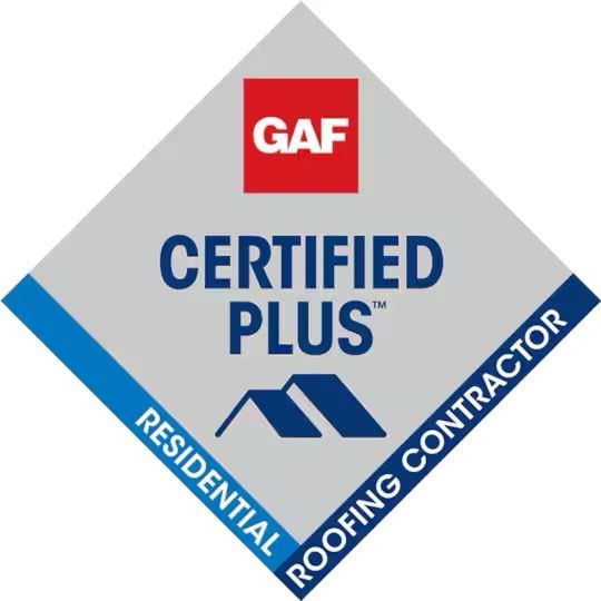 GAF Certified Plus residential roofing contractor logo: Diamond-shaped with red, blue, and gray colors.