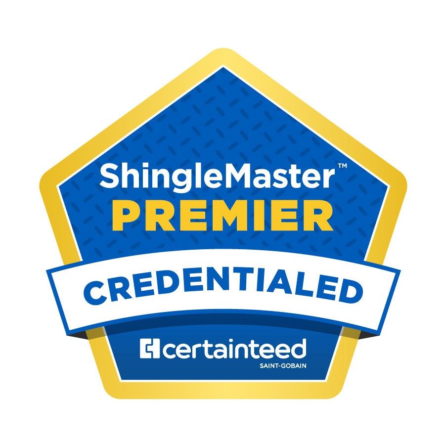 ShingleMaster Premier Credentialed badge by CertainTeed. Blue and gold emblem.