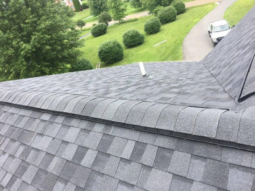 Gray shingled roof with a vent, against a green lawn with shrubs and a white vehicle.