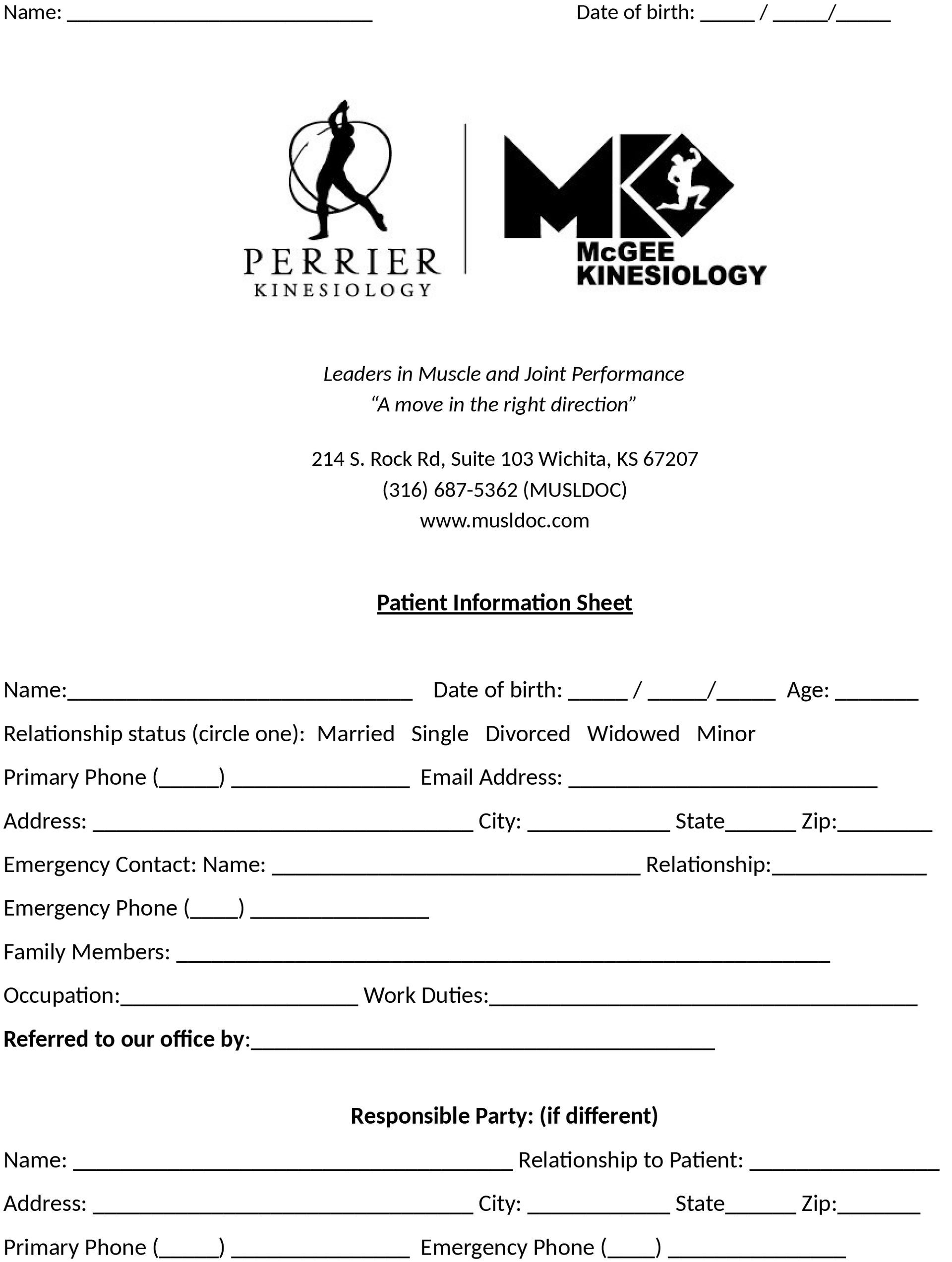 Patient information form for Perrier McGee Kinesiology clinic.