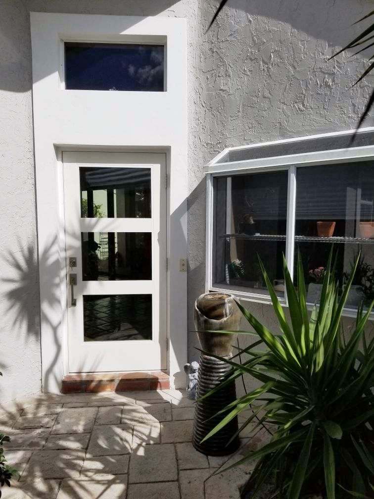A white door with a window and a plant in front of it