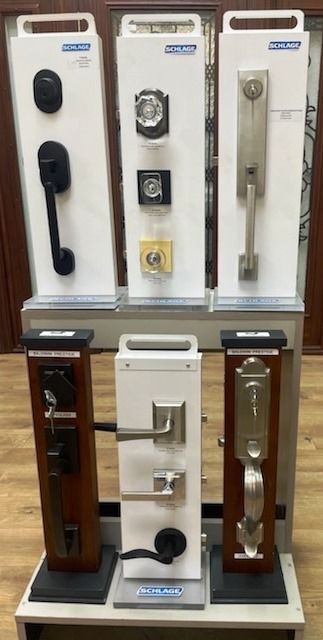 A display of different types of door locks and handles
