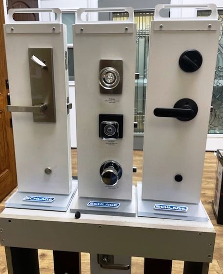 A display of three different types of door locks
