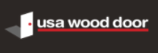 A usa wood door logo with a white door on a black background