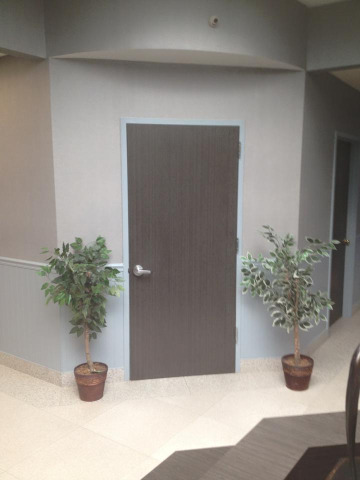 Two potted plants are next to a door in a hallway.
