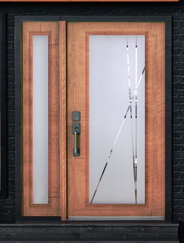 A wooden door with a frosted glass window