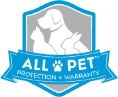 Blue shield logo with white pet silhouette and ribbon text “ALL PET Protection + Warranty”