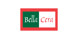 Bella Cera logo in a red-bordered box with green and white background and red script text