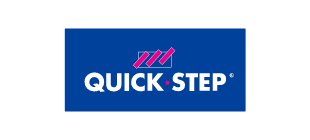 QUICK STEP logo in white on a blue rectangle with pink diagonal stripes above the text