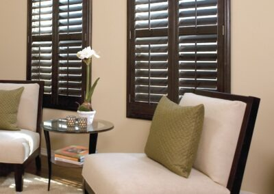 Two cream chairs with olive pillows sit by a glass side table holding a potted plant and books, set against dark shutters.