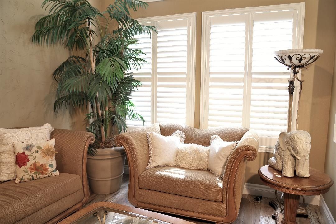 A cozy living room with a brown sofa and armchair, a large potted plant, white plantation shutters, and an elephant statue.