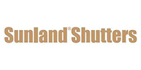 The logo for Sunland Shutters, featuring the company name in bold, tan-colored letters against a plain white background.