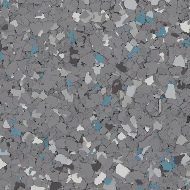 A close-up of gray, white, and blue vinyl flake flooring chips, creating a speckled texture.