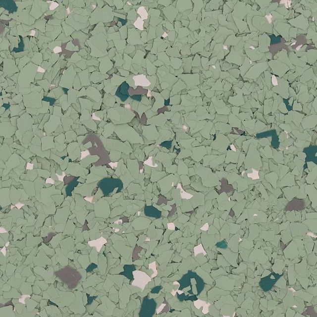 A decorative epoxy floor coating texture in shades of sage green, dark green, gray, and white flakes.