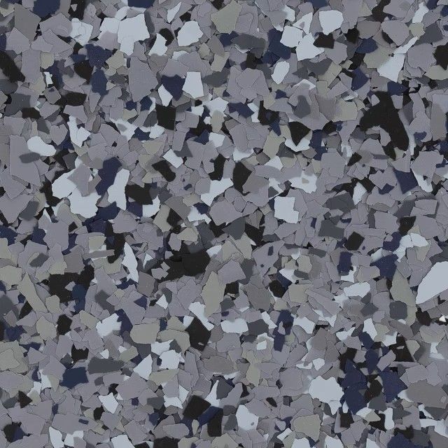 A background texture of scattered gray, white, and dark navy blue paint flakes for a decorative epoxy floor coating.