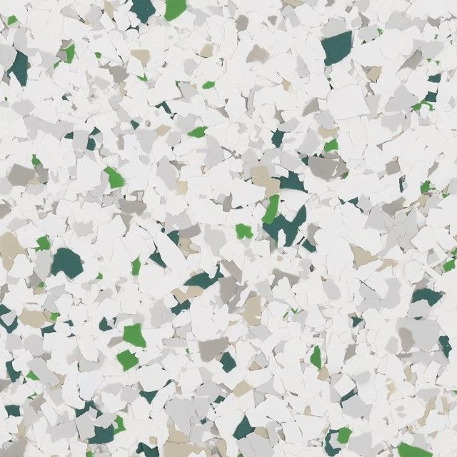 Decorative floor coating texture featuring a white base with scattered white, gray, beige, dark green, and bright green chips.