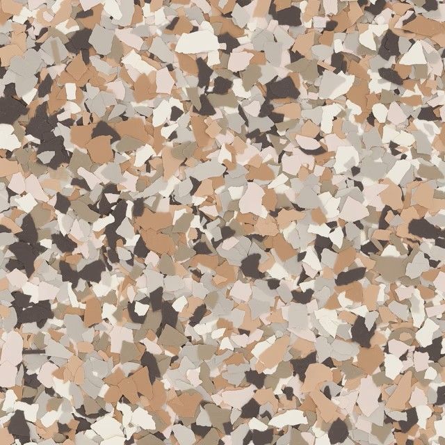 A close-up of a decorative flooring pattern consisting of a dense mix of brown, tan, gray, and white vinyl color chips.