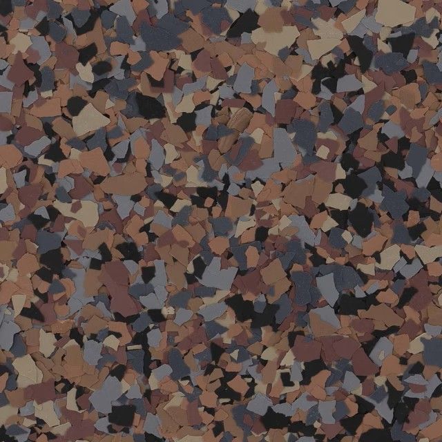 A textured pattern of multi-colored vinyl flakes in shades of brown, tan, gray, and black, typically used for floor coating.