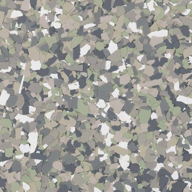 A decorative flooring texture featuring a dense mix of small, irregular flakes in shades of sage green, gray, and white.