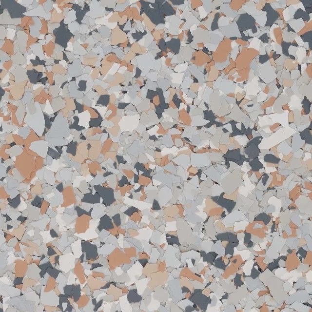 A high-angle, close-up texture pattern featuring a mix of grey, tan, and white decorative floor flakes.