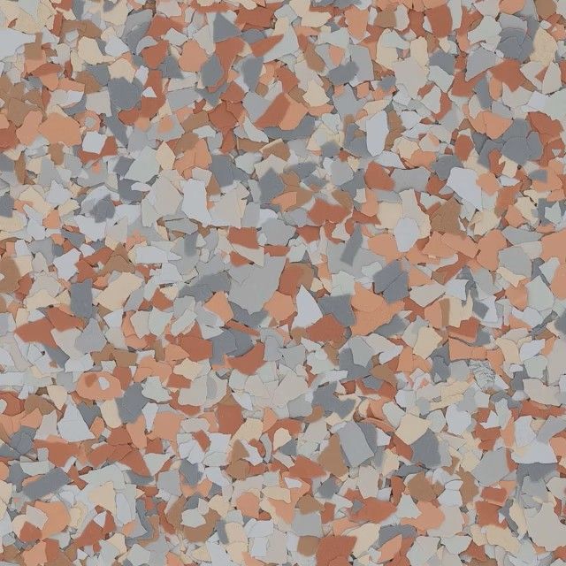 A multi-colored floor flake pattern with chips in shades of terracotta, gray, tan, and white.