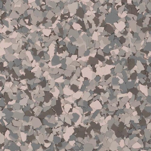 A decorative floor flake texture featuring a mottled pattern of gray, white, and dark brown fragments.