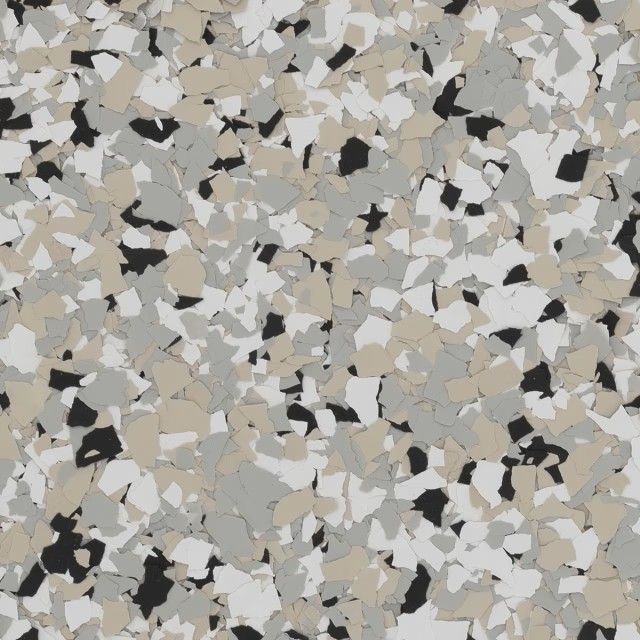 A decorative floor coating pattern featuring a dense mix of beige, gray, white, and black flecks.
