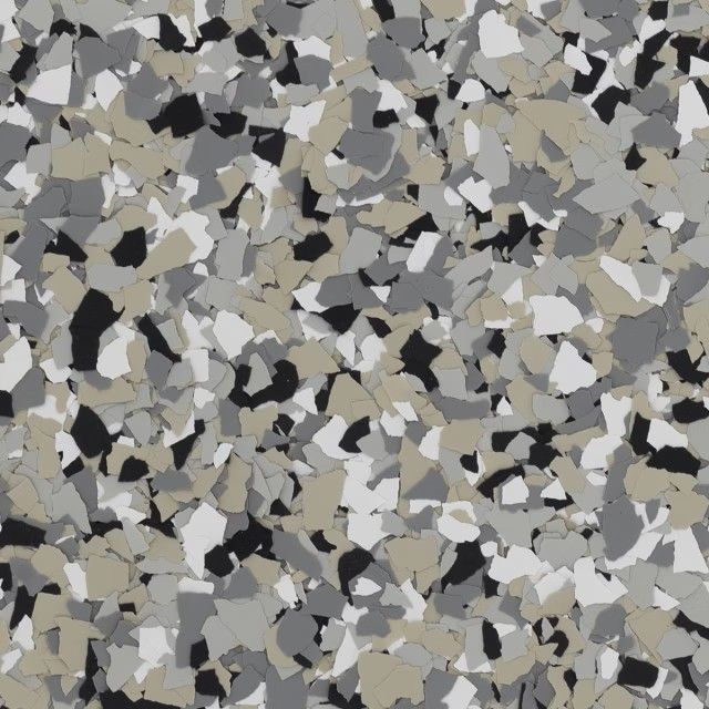 A textured, multi-colored epoxy floor flake pattern featuring a mix of black, white, gray, and light beige irregular chips.
