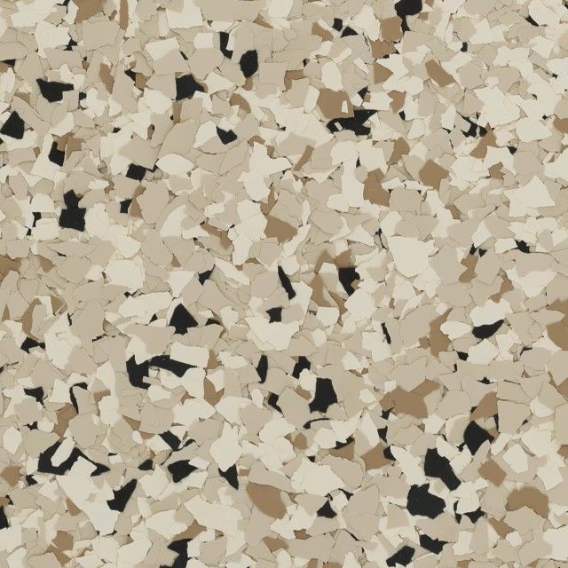 A texture of small, overlapping vinyl flakes in shades of beige, tan, and black, typical of decorative epoxy flooring.