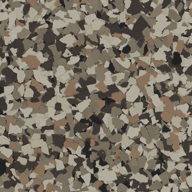 A full-coverage pattern of multi-sized vinyl flakes in shades of tan, brown, off-white, and black.