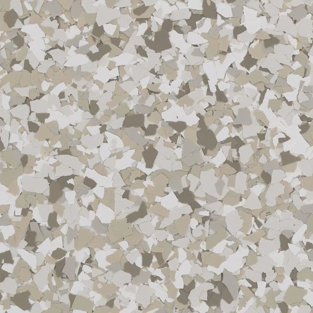 A close-up of light gray and beige speckled vinyl flooring with a decorative flake pattern.