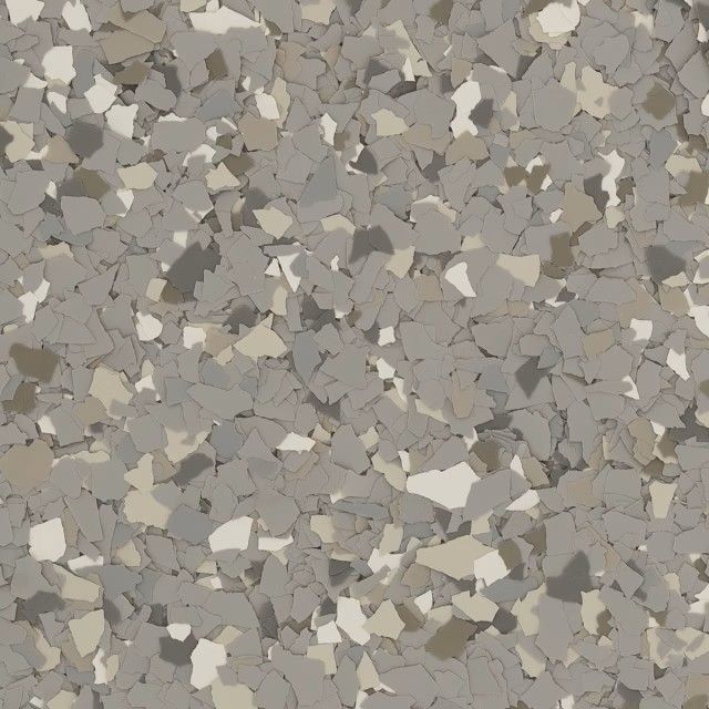 A close-up of grey, beige, and white multi-colored decorative vinyl paint chips for epoxy flooring.