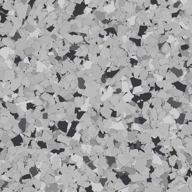 A floor coating texture featuring a dense mix of gray, white, and black flecks in a mottled, granite-like pattern.