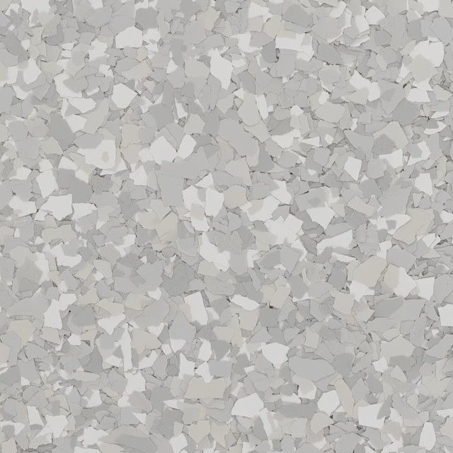 A gray, white, and off-white speckled floor coating with a multi-colored flake texture.