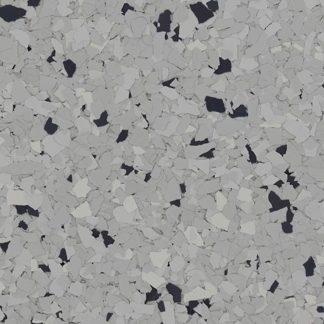 A seamless texture of small, irregular chips in shades of light gray, dark gray, and black, typical of epoxy floor coating.