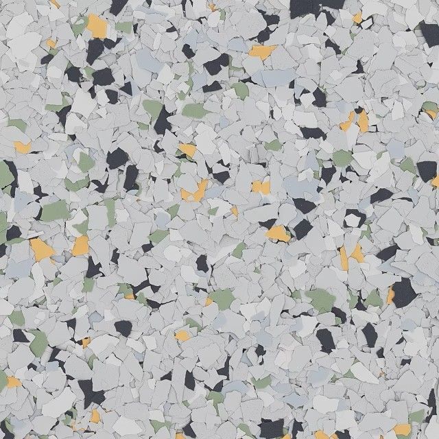A seamless floor coating pattern with gray, white, black, sage green, and yellow paint chips.