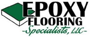 A logo for "Epoxy Flooring Specialists, LLC" featuring a green rectangular floor slab icon next to bold black text.
