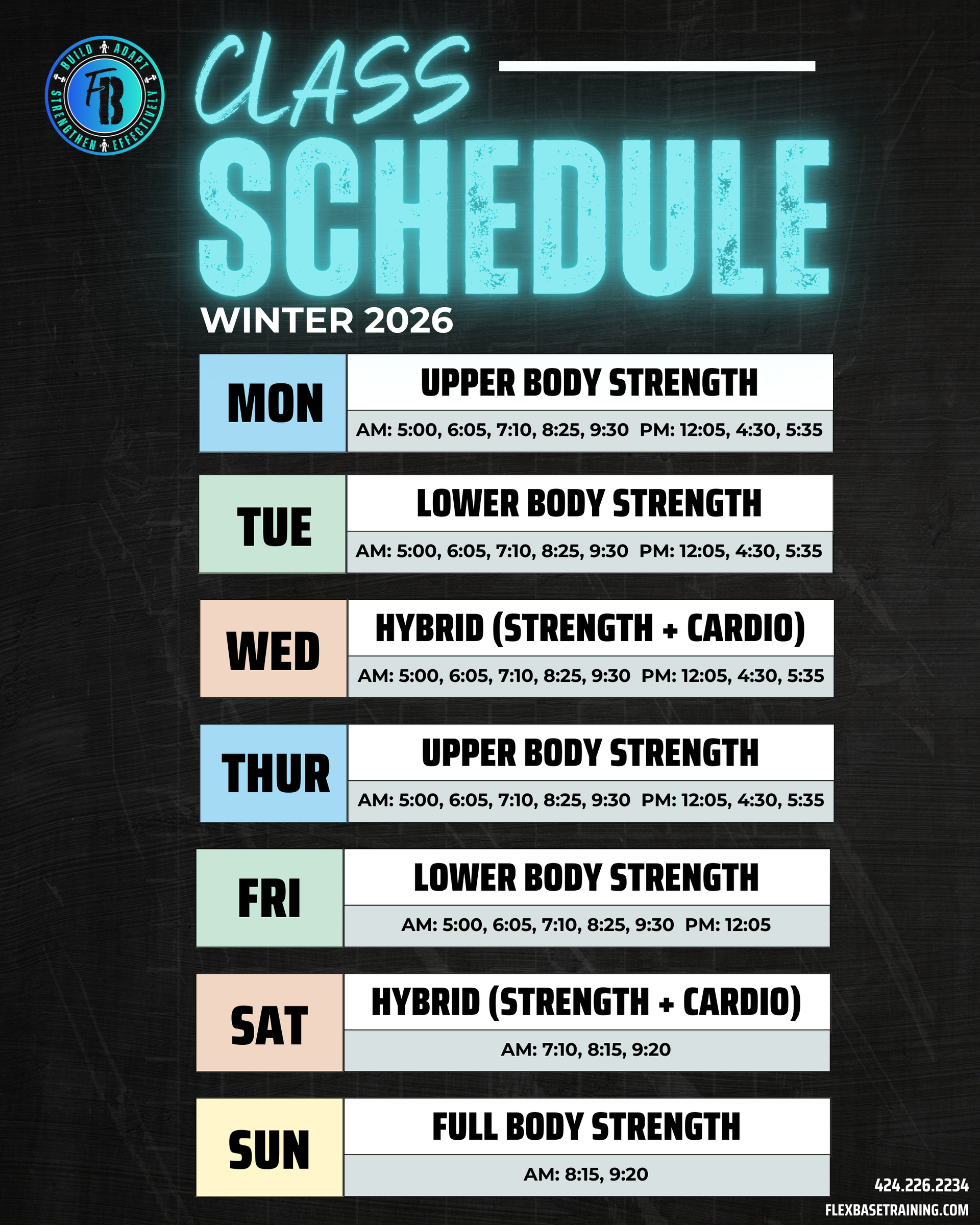 Winter 2026 fitness class schedule, listing daily strength and hybrid workout sessions with specific times for each day.