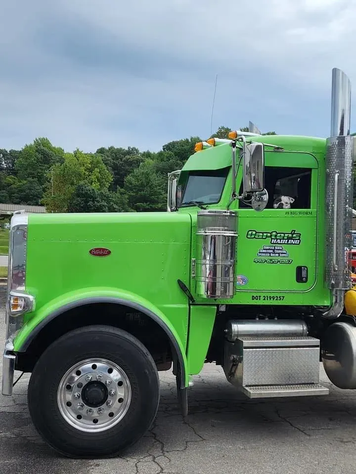 Bright green semi-truck with silver details, parked. A driver is visible in the cab.