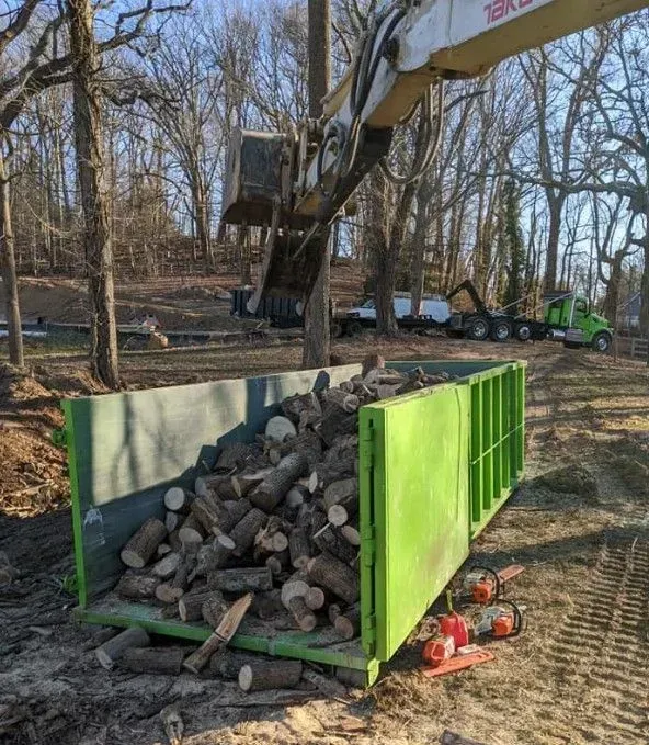 A green dumpster filled with logs being loaded by an excavator on a wooded lot.
