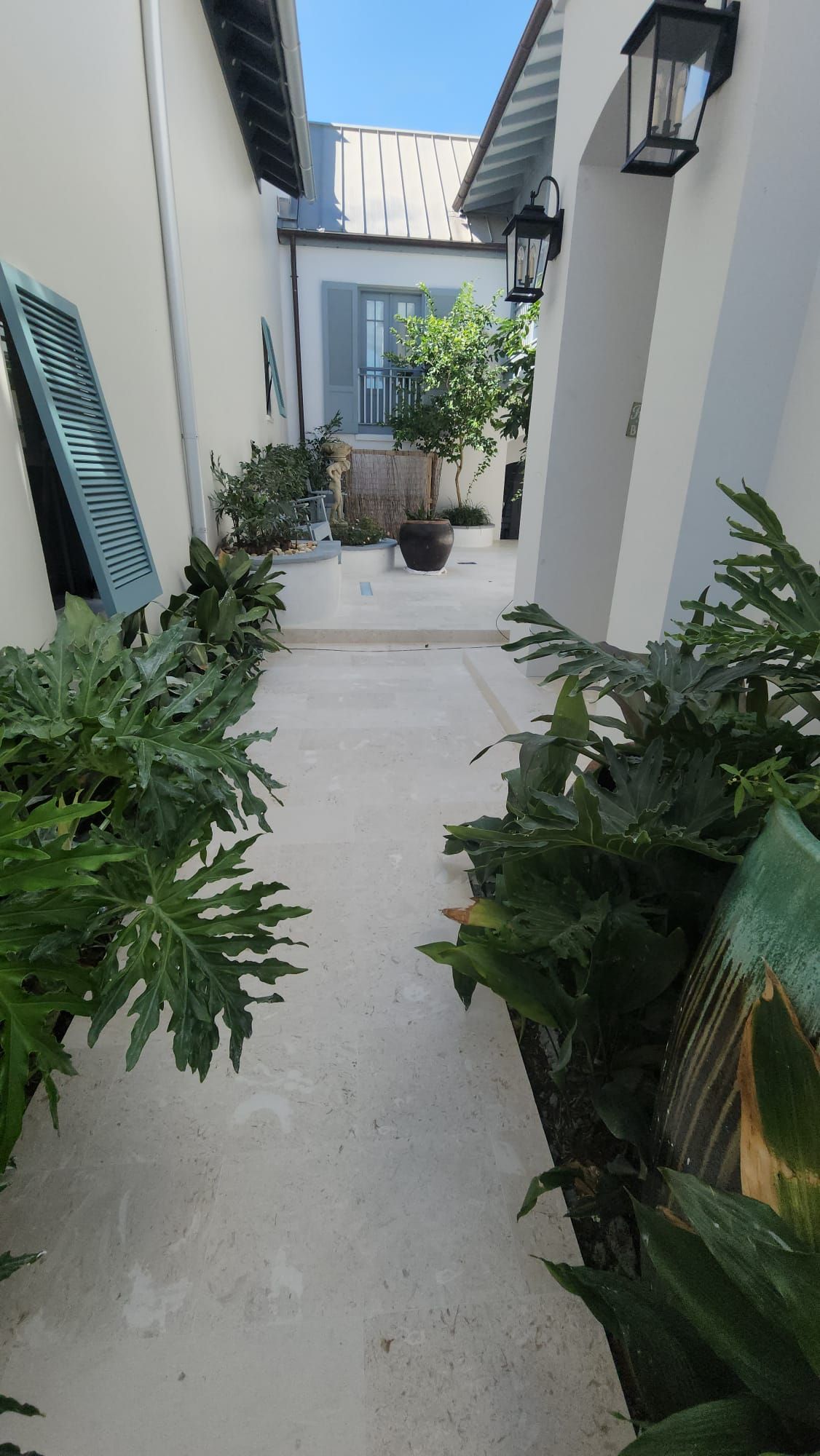 a narrow walkway between two buildings surrounded by plants