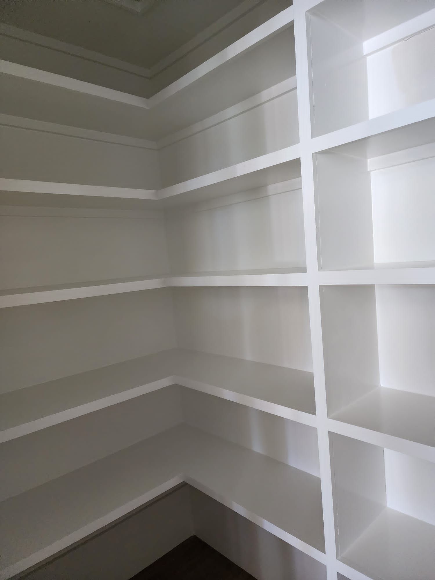 a pantry with lots of shelves and a corner