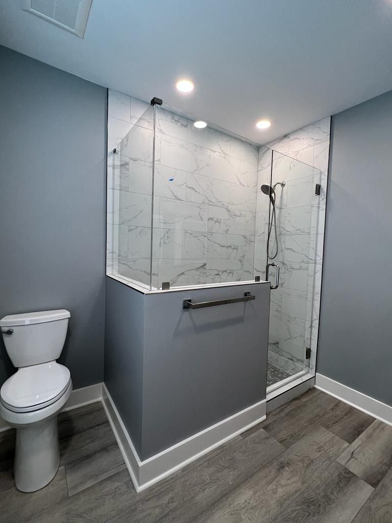 a bathroom with a toilet and a walk-in shower