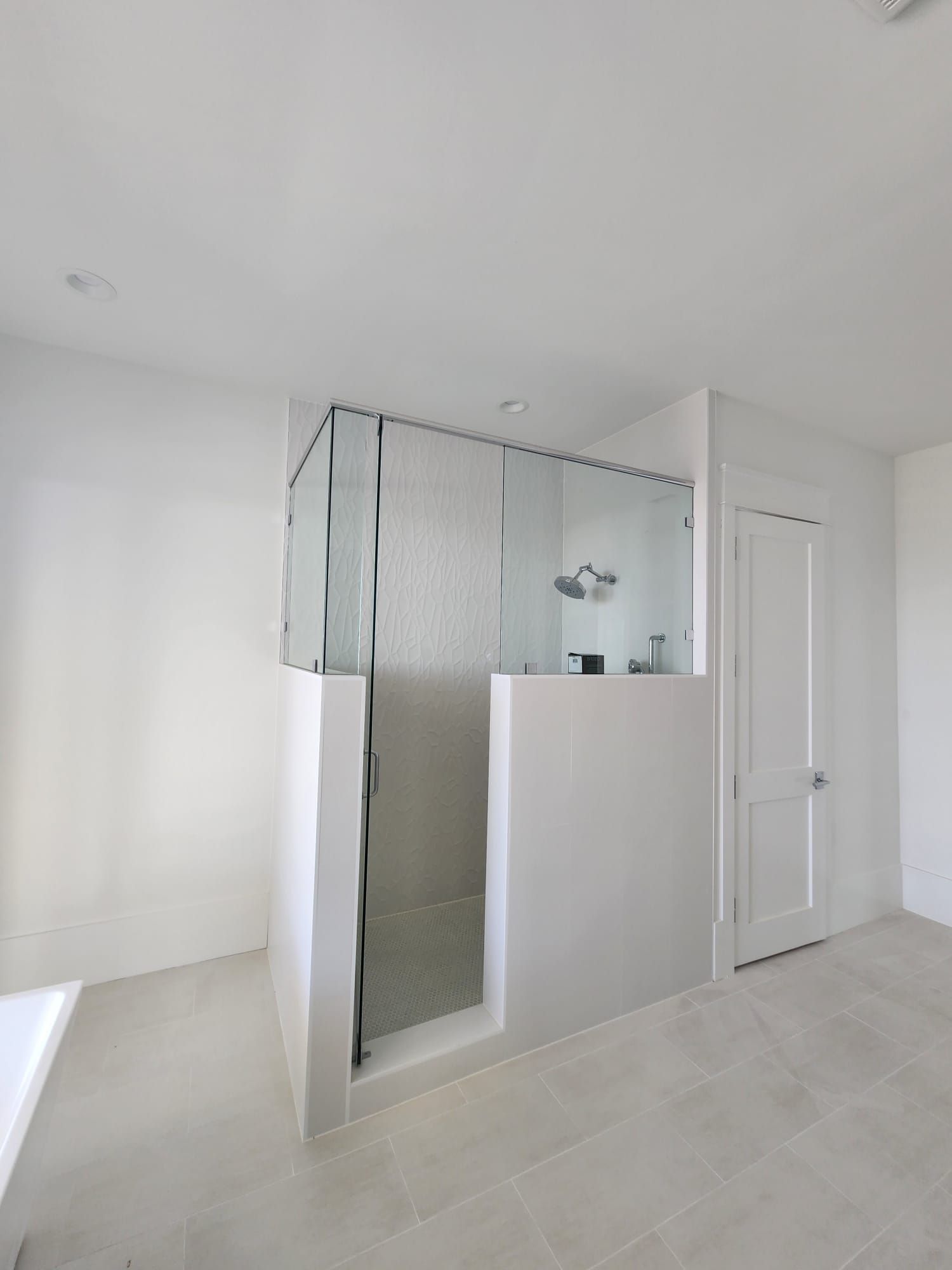 a bathroom with a walk-in shower with a glass door