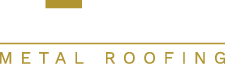Gold “METAL ROOFING” text on a white background with a small gold square above