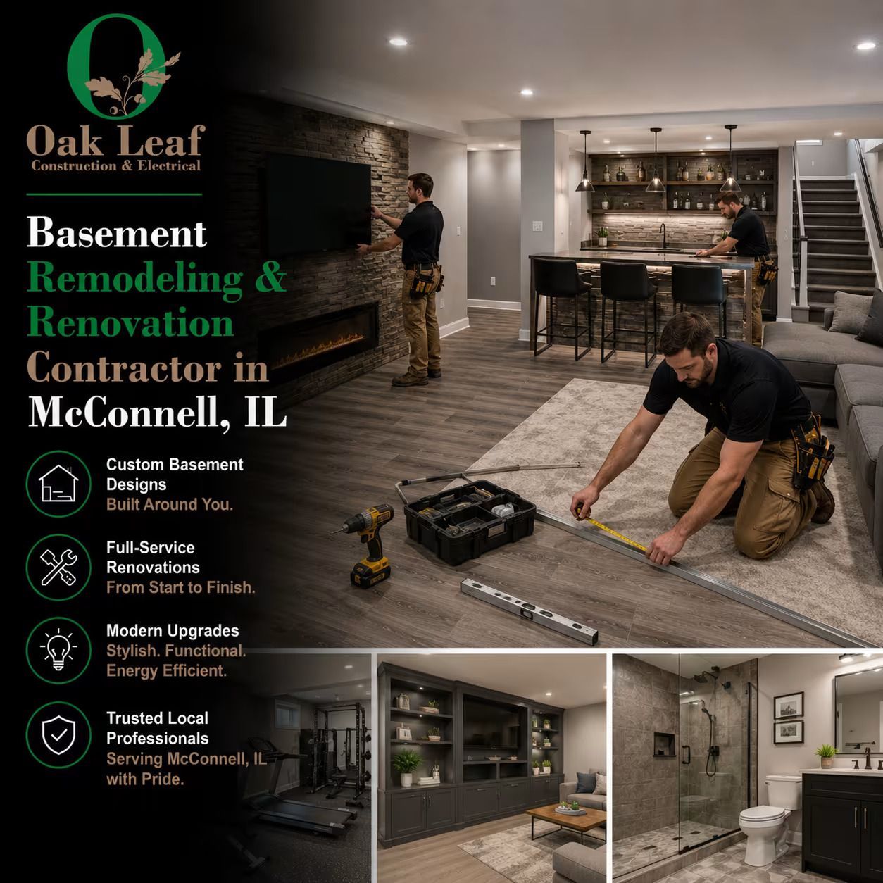 Oak Leaf Basement Remodeling & Renovation Contractor ad with workers in a finished basement kitchen and bar