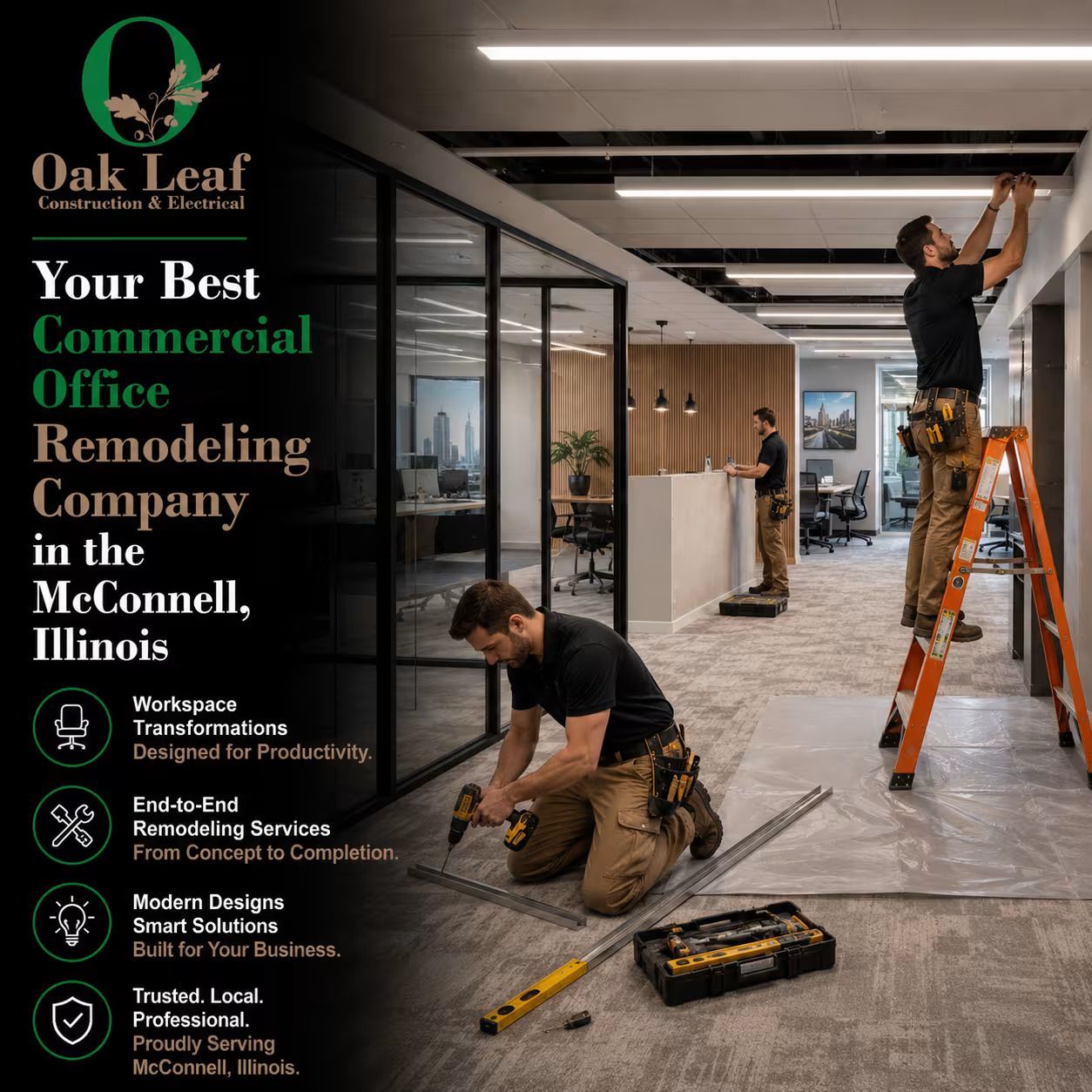 Oak Leaf commercial office remodeling ad with contractors working in a modern office space